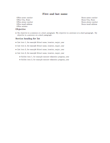 Latex cv example without table