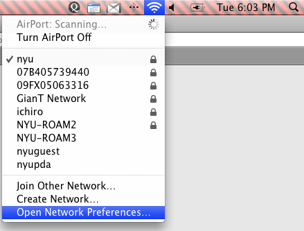 open network preferences using airport icon