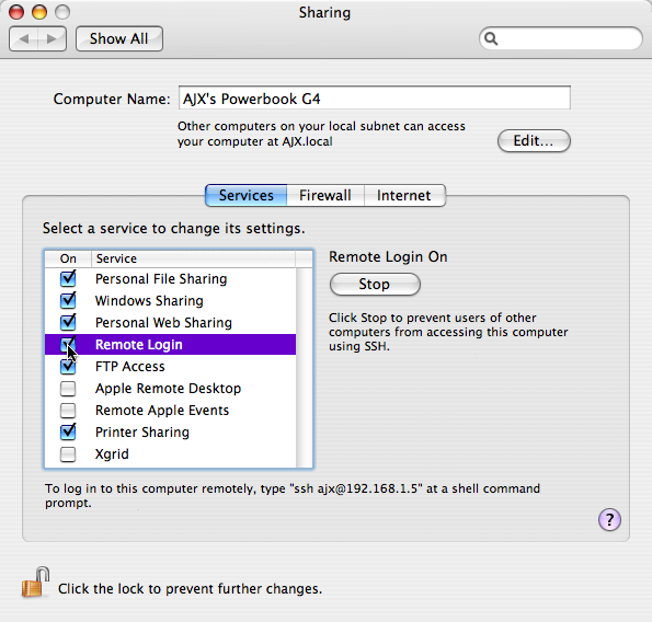 System Preferences Sharing Window