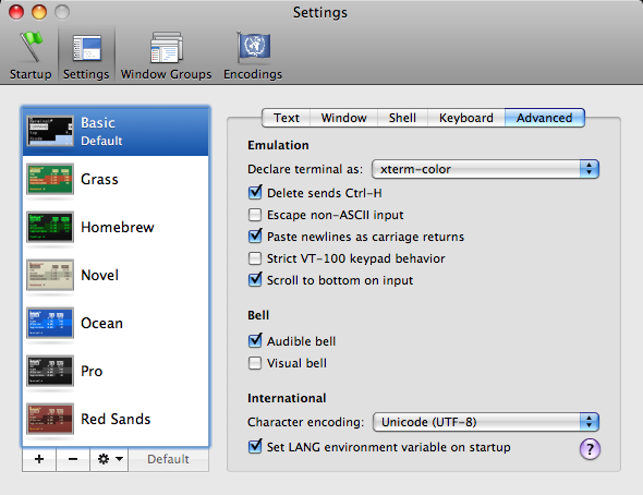 Advanced settings in Terminal.app